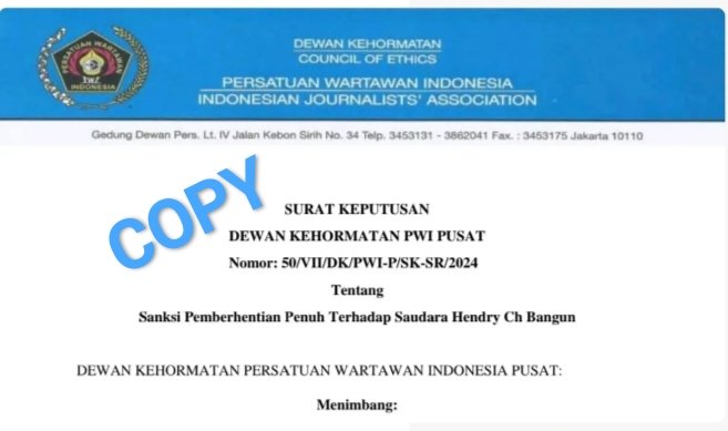 Berkekuatan Hukum dan Berdasarkan Undang-Undang, Dewan Pers sebagai Regulator Organisasi Pers Tidak Mengakui Keabsahan Eks Pengurus PWI Hendry Ch Bangun